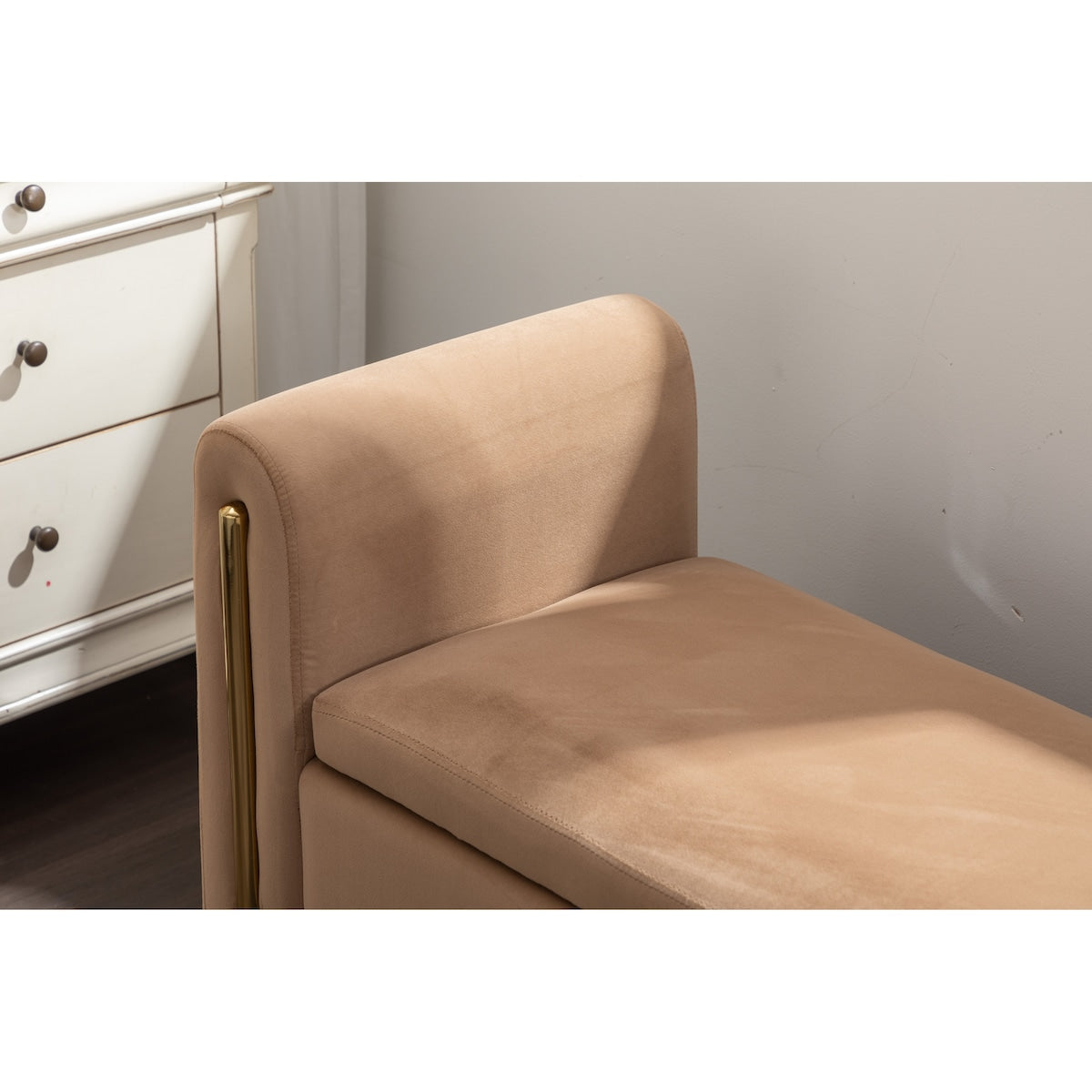 Velvet Fabric Storage Bench Bedroom Bench With Gold Metal Trim Strip For Living Room Bedroom Indoor