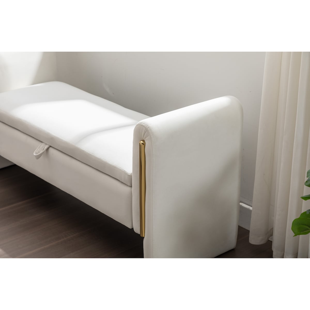 Velvet Fabric Storage Bench Bedroom Bench With Gold Metal Trim Strip For Living Room Bedroom Indoor