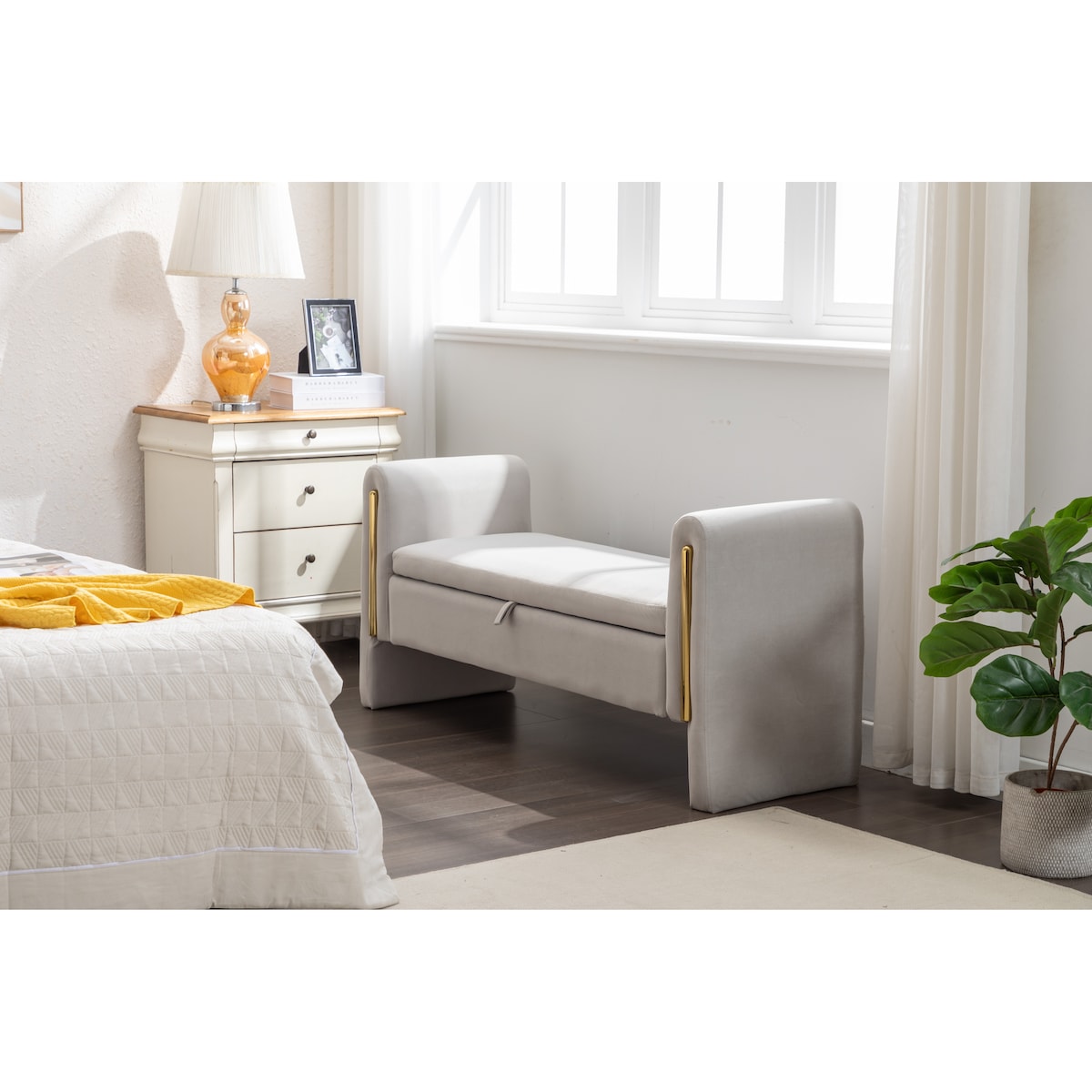 Velvet Fabric Storage Bench Bedroom Bench With Gold Metal Trim Strip For Living Room Bedroom Indoor
