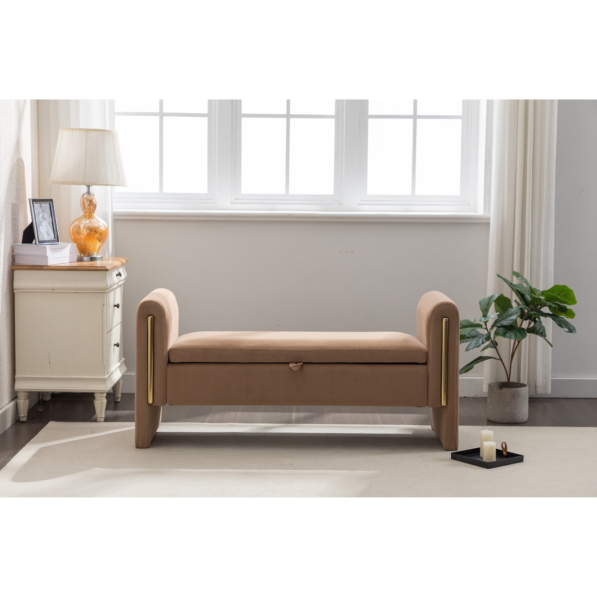 Velvet Fabric Storage Bench Bedroom Bench With Gold Metal Trim Strip For Living Room Bedroom Indoor