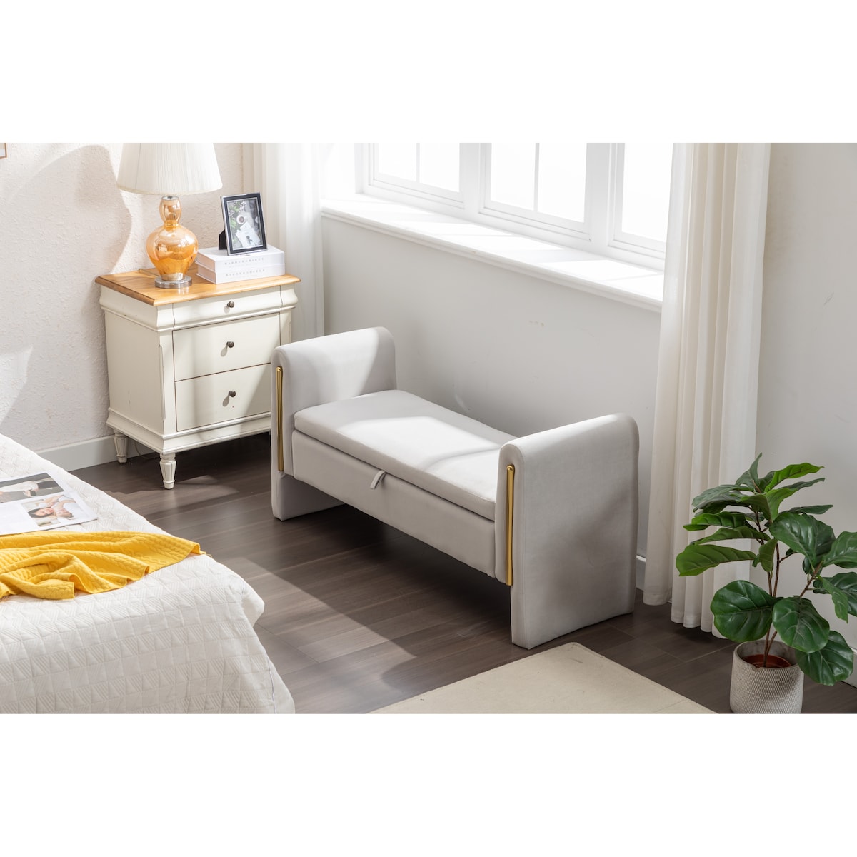 Velvet Fabric Storage Bench Bedroom Bench With Gold Metal Trim Strip For Living Room Bedroom Indoor