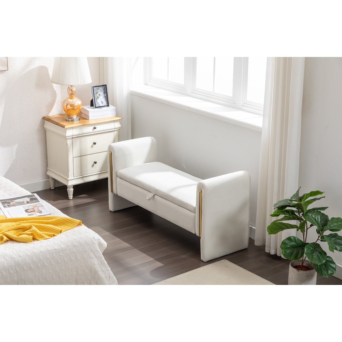 Velvet Fabric Storage Bench Bedroom Bench With Gold Metal Trim Strip For Living Room Bedroom Indoor