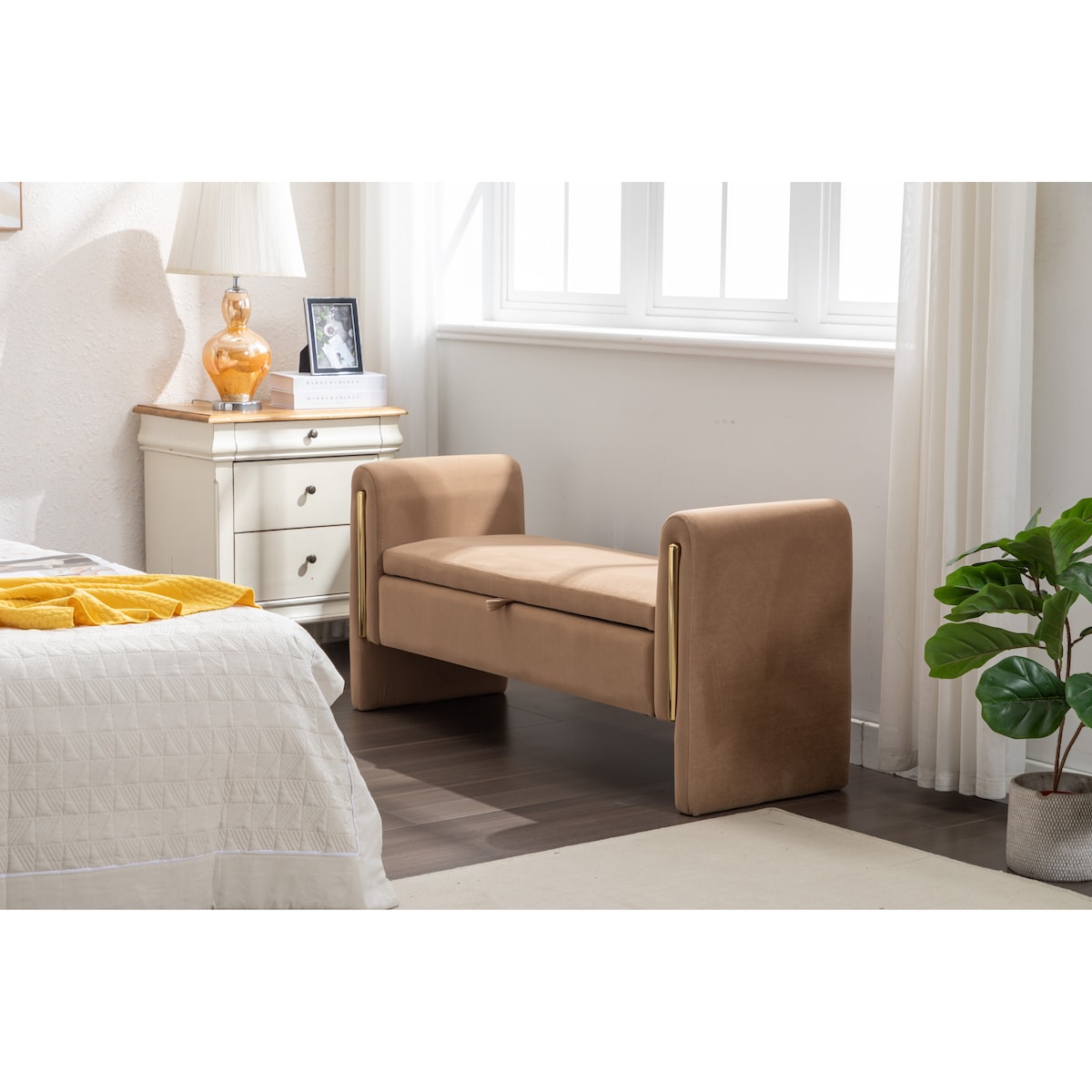 Velvet Fabric Storage Bench Bedroom Bench With Gold Metal Trim Strip For Living Room Bedroom Indoor