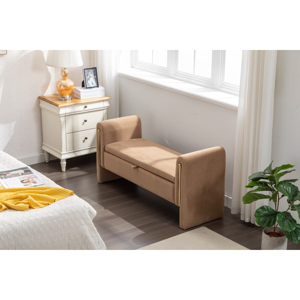 Velvet Fabric Storage Bench Bedroom Bench With Gold Metal Trim Strip For Living Room Bedroom Indoor