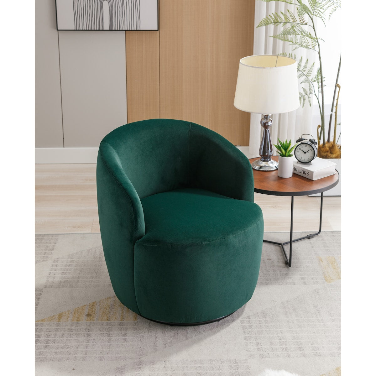 Velvet Fabric Swivel Accent Armchair Barrel Chair With Black Powder Coating Metal Ring