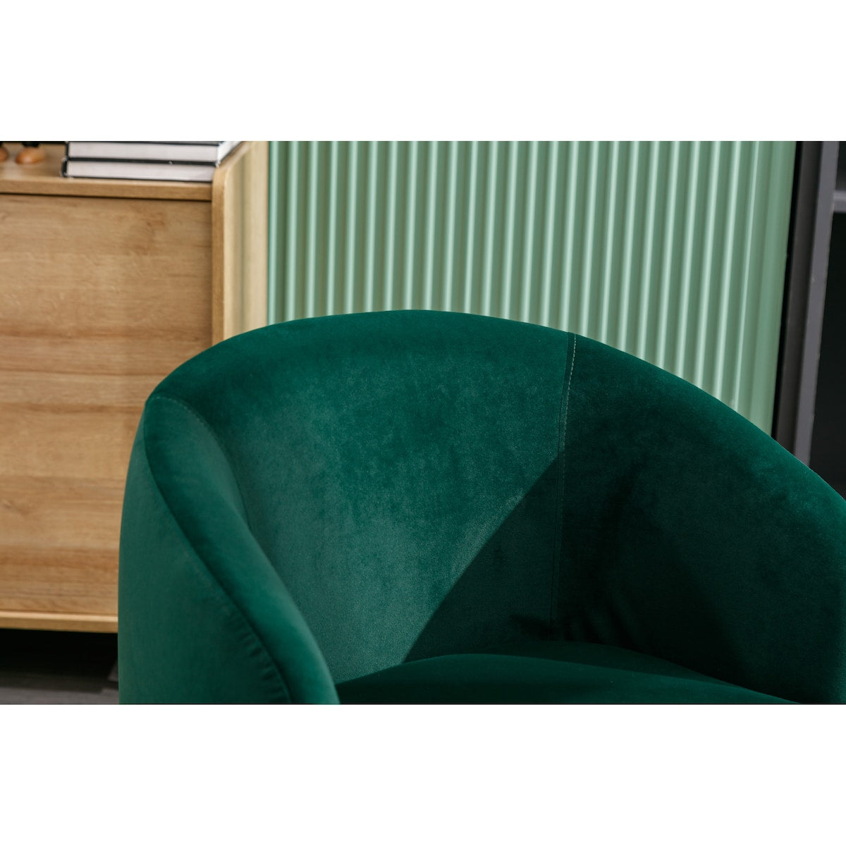 Velvet Fabric Swivel Accent Armchair Barrel Chair With Black Powder Coating Metal Ring