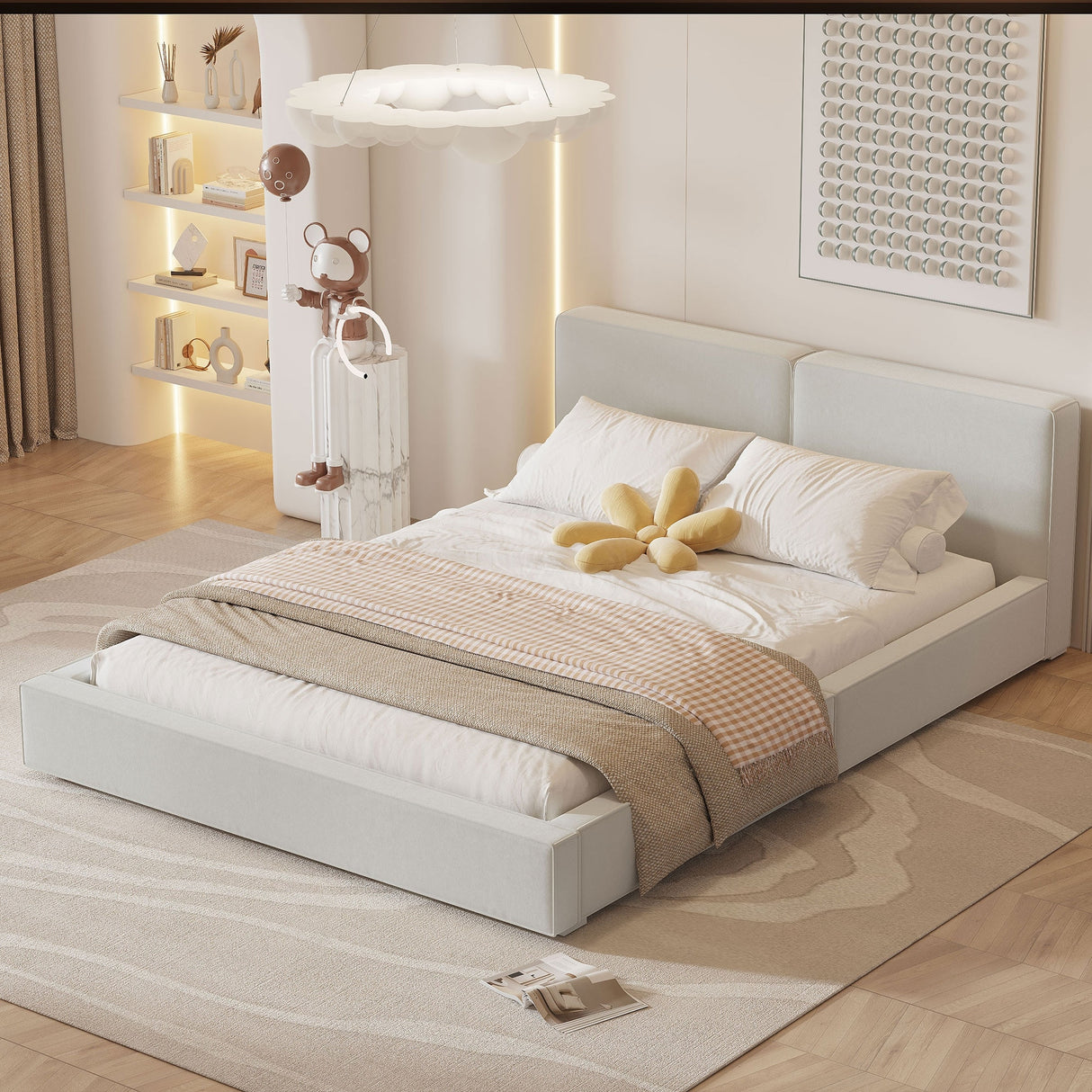 Velvet Fabric Upholstered Low Profile Bed Frame, Platform Bed with Modular Headboard, Wood Slat Panel Bed for Bedroom