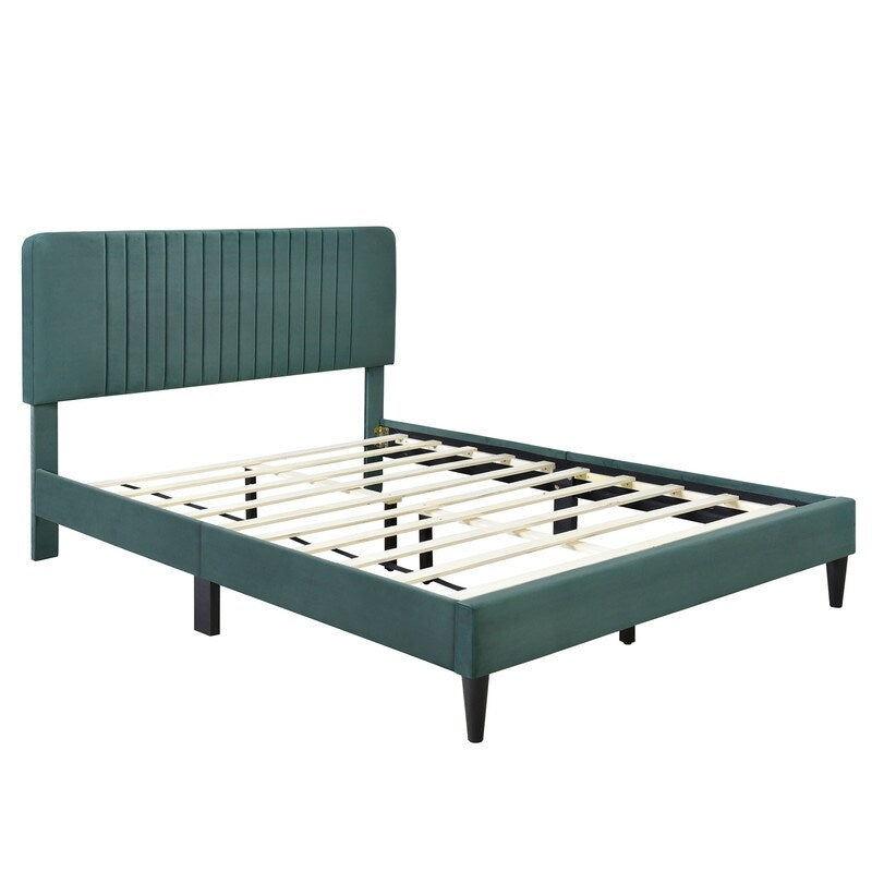 Velvet Fabric Upholstered Platform Bed, No Box Spring Needed