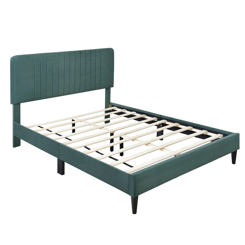 Velvet Fabric Upholstered Platform Bed, No Box Spring Needed