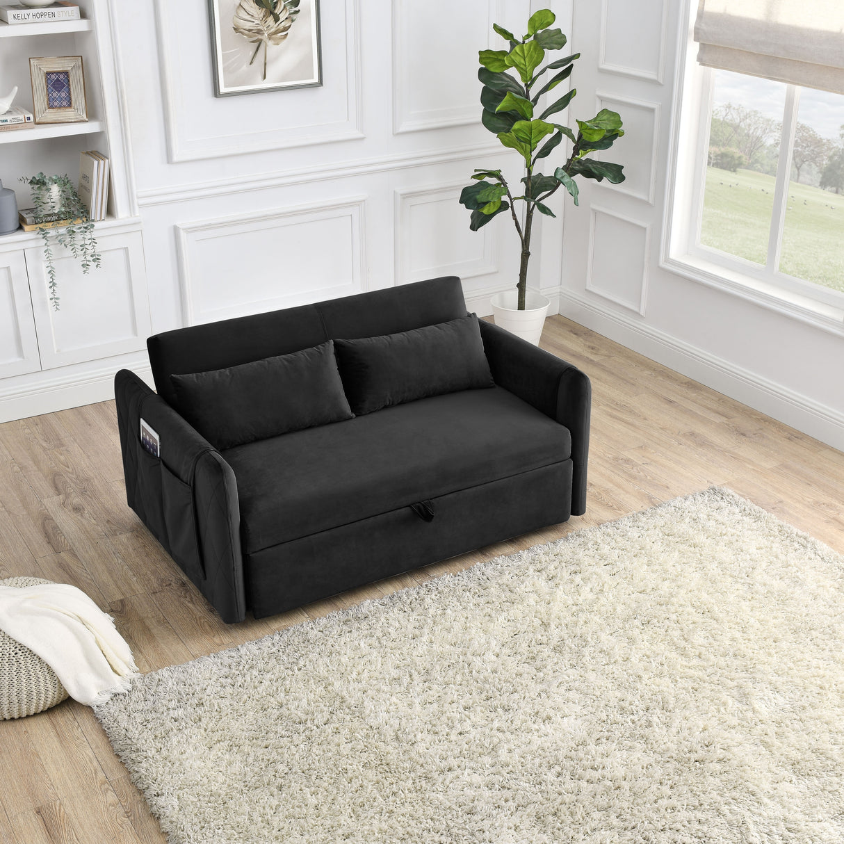 Velvet Loveseat Sofa Modern Convertible Sofa Bed with Adjustable Backrest Pull out Bed and 2 Detachable Arm Pockets & 2 Pillows