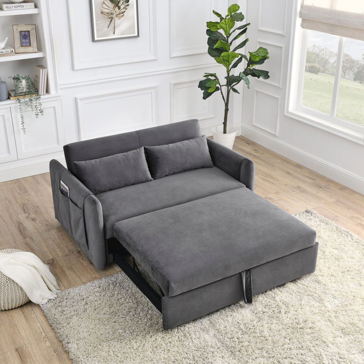 Velvet Loveseat Sofa Modern Convertible Sofa Bed with Adjustable Backrest Pull out Bed and 2 Detachable Arm Pockets & 2 Pillows