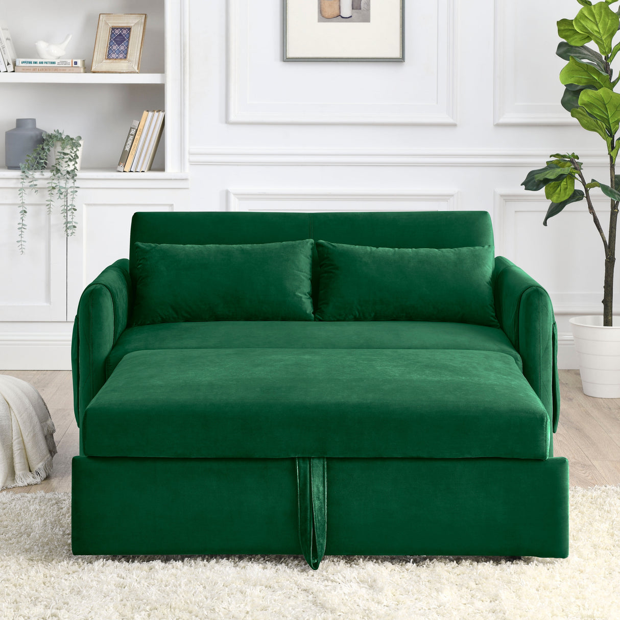 Velvet Loveseat Sofa Modern Convertible Sofa Bed with Adjustable Backrest Pull out Bed and 2 Detachable Arm Pockets & 2 Pillows