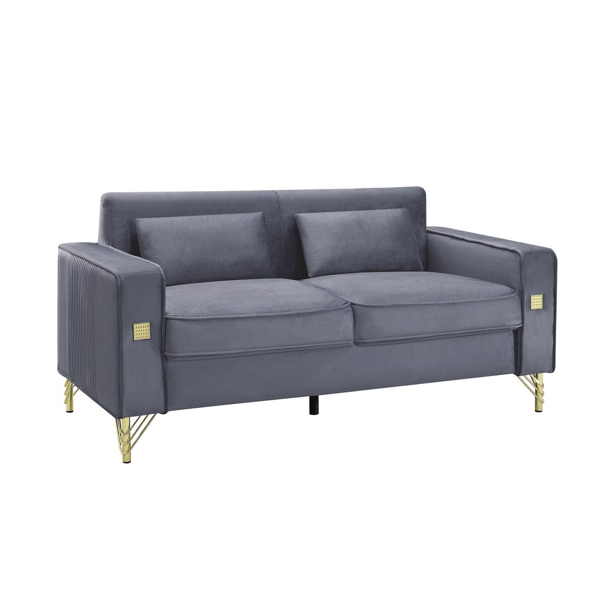 Velvet Loveseat Sofa with 2 Pillows, 2 Seater Straight Row Couch with Removable Cushions and Square Arms for Living Room, Grey