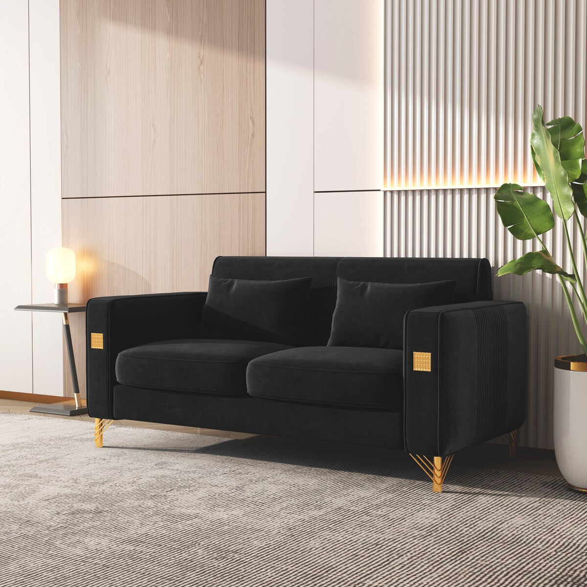 Velvet Loveseat Sofa with 2 Pillows, 2 Seater Straight Row Couch with Removable Cushions and Square Arms for Living Room