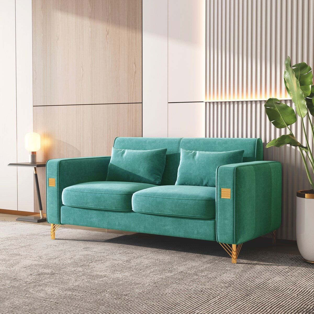 Velvet Loveseat Sofa with 2 Pillows, 2 Seater Straight Row Couch with Removable Cushions and Square Arms for Living Room