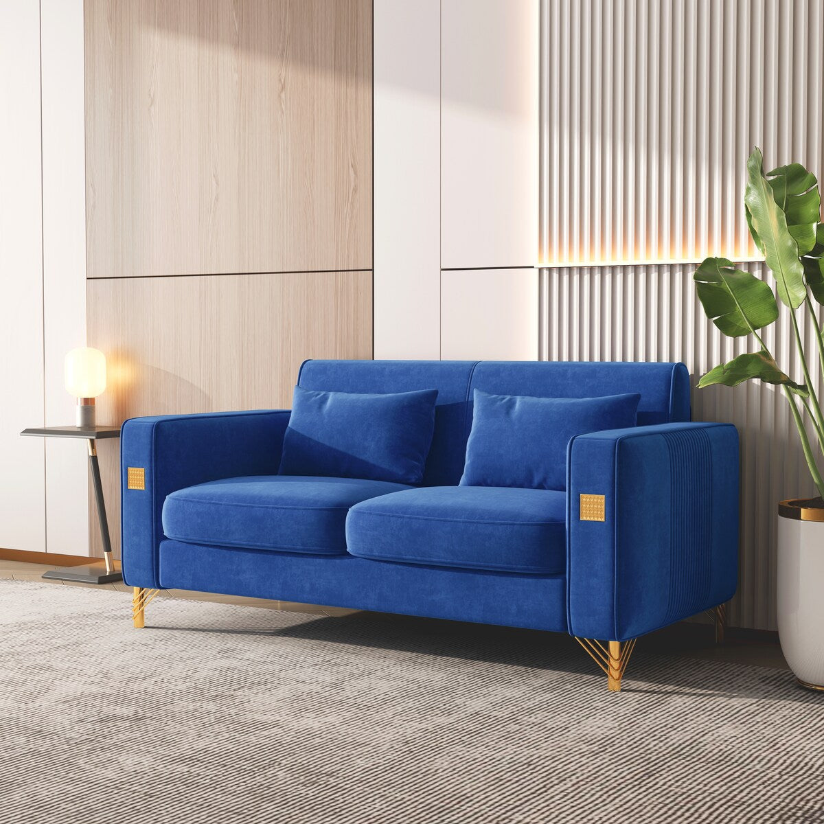 Velvet Loveseat Sofa with 2 Pillows, 2 Seater Straight Row Couch with Removable Cushions and Square Arms for Living Room