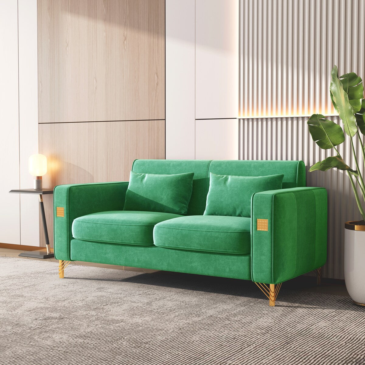 Velvet Loveseat Sofa with 2 Pillows, 2 Seater Straight Row Couch with Removable Cushions and Square Arms for Living Room