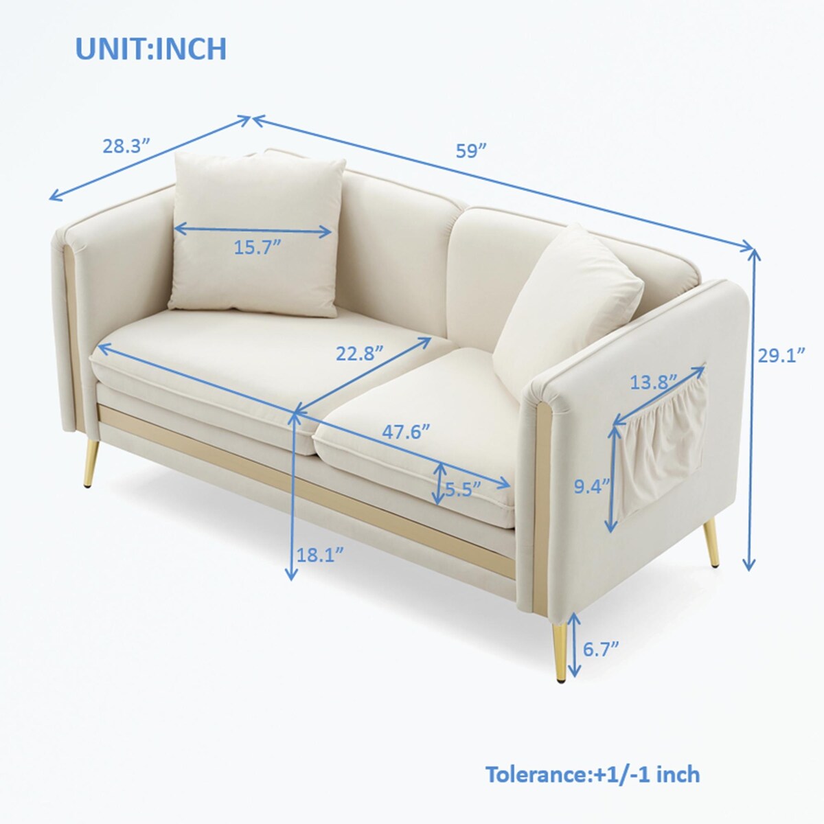 Velvet Loveseat Sofa with Removable Cushions Side Pocket