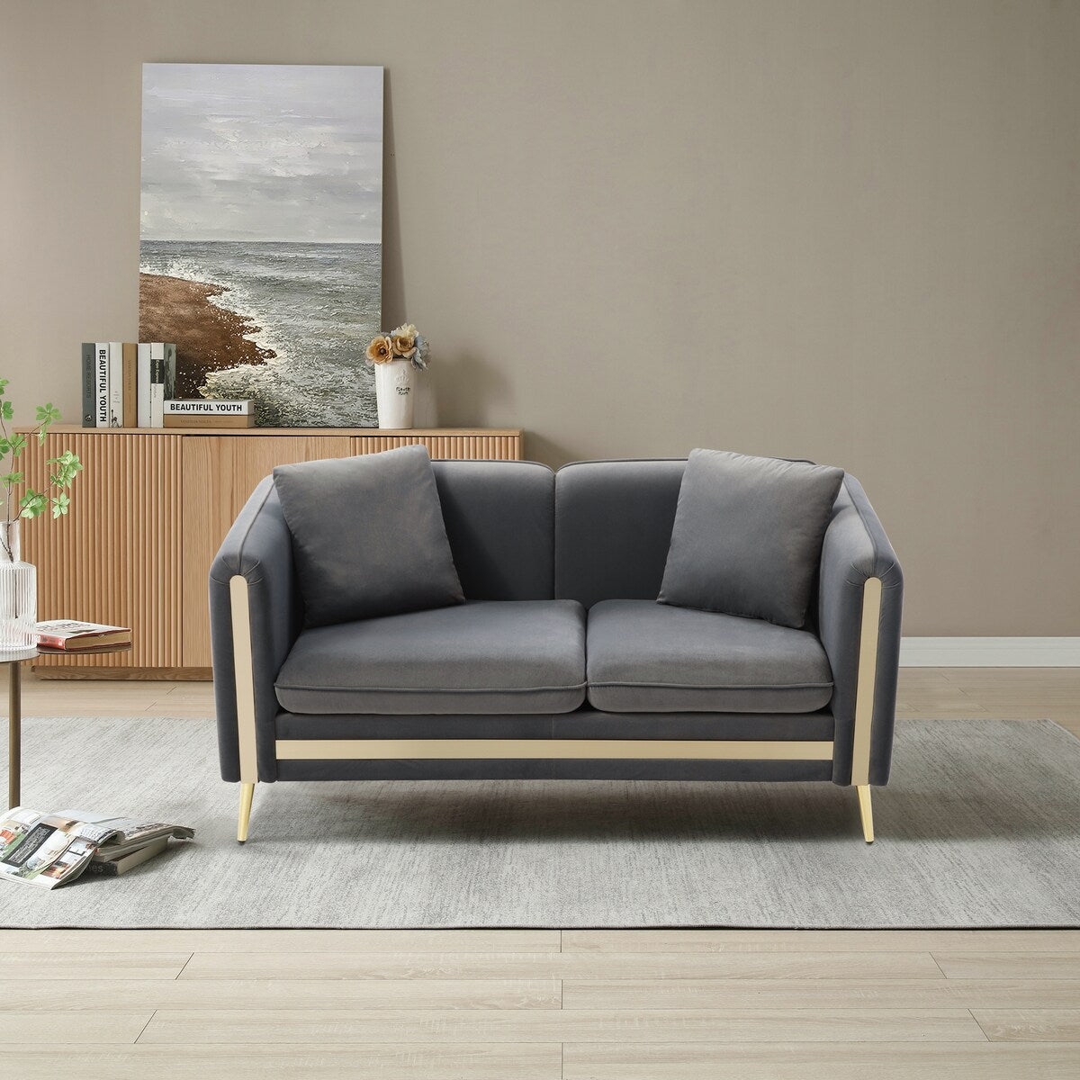 Velvet Loveseat Sofa with Removable Cushions Side Pocket