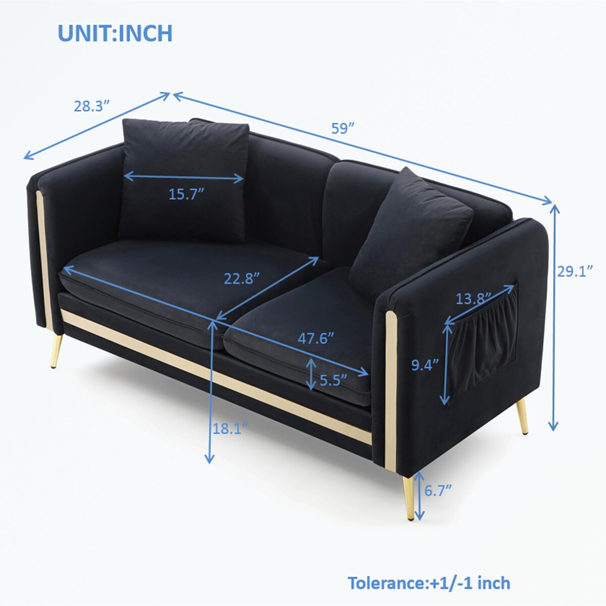 Velvet Loveseat Sofa with Removable Cushions Side Pocket
