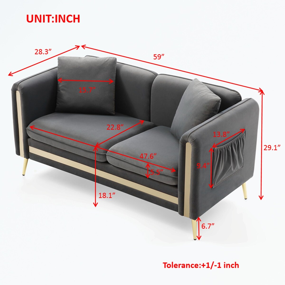 Velvet Loveseat Sofa with Removable Cushions Side Pocket