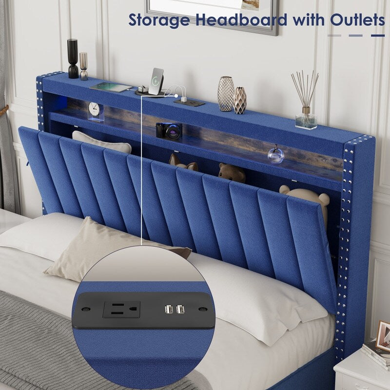 Velvet Luxury Gas Lift Storage Bed with Storage Headboard ,King Size