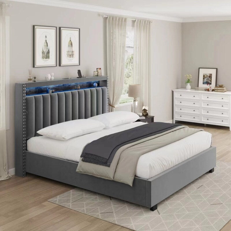 Velvet Luxury Gas Lift Storage Bed with Storage Headboard ,King Size