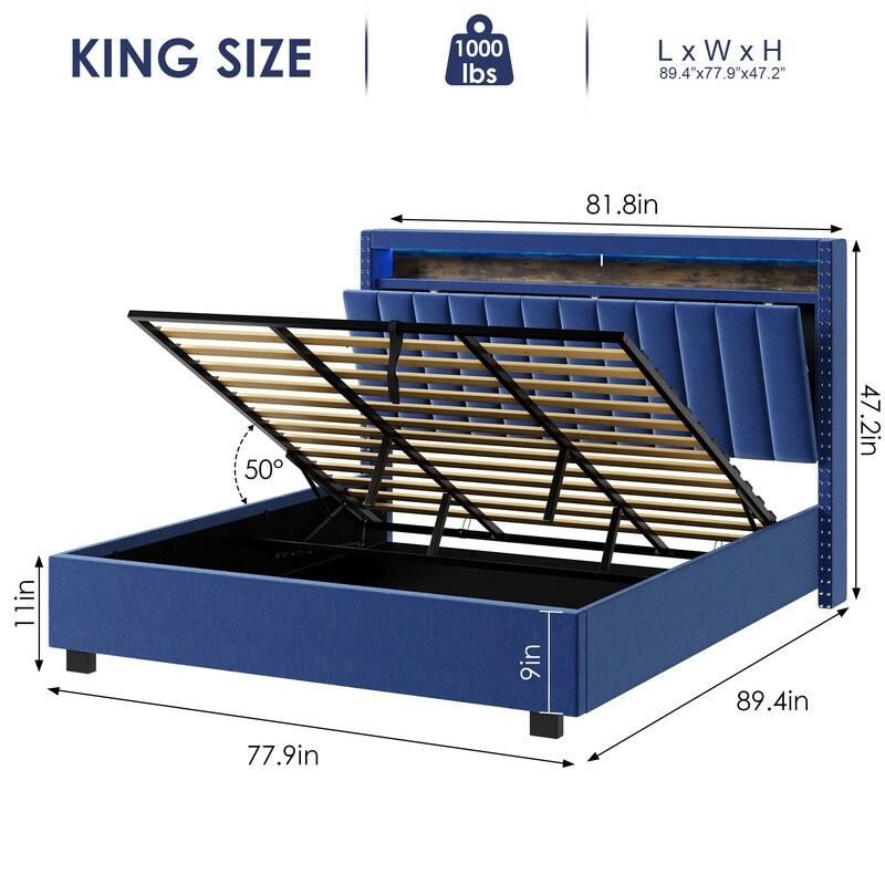 Velvet Luxury Gas Lift Storage Bed with Storage Headboard ,King Size