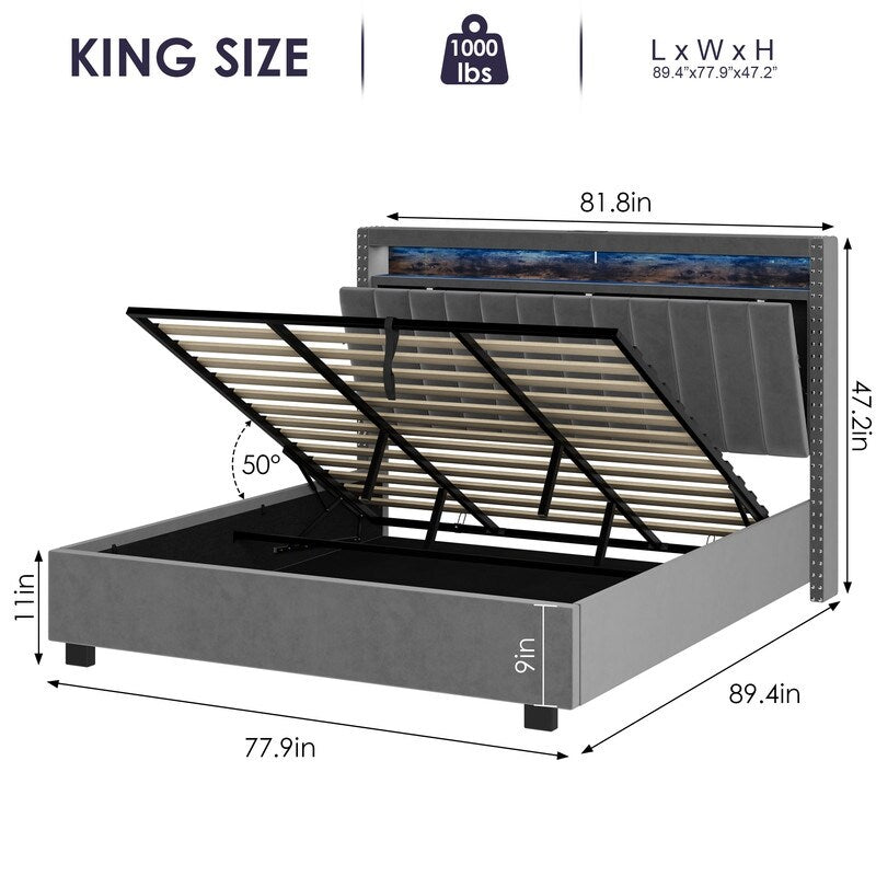 Velvet Luxury Gas Lift Storage Bed with Storage Headboard ,King Size
