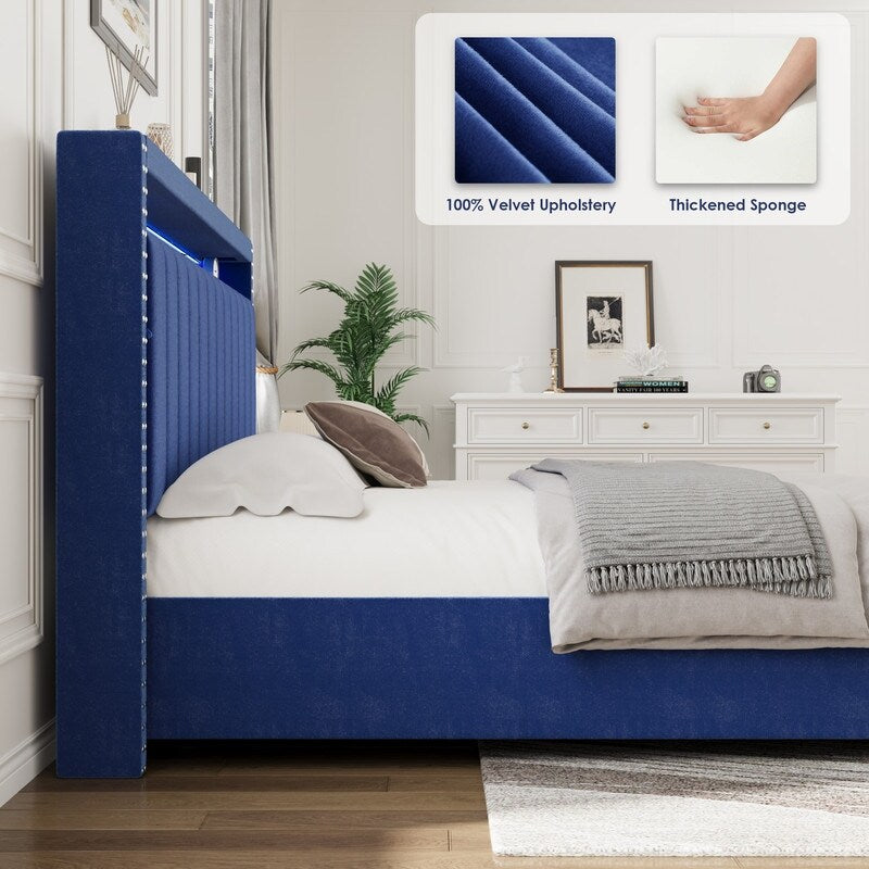 Velvet Luxury Gas Lift Storage Bed with Storage Headboard ,King Size