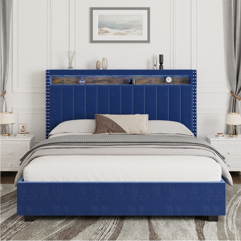 Velvet Luxury Gas Lift Storage Bed with Storage Headboard ,King Size