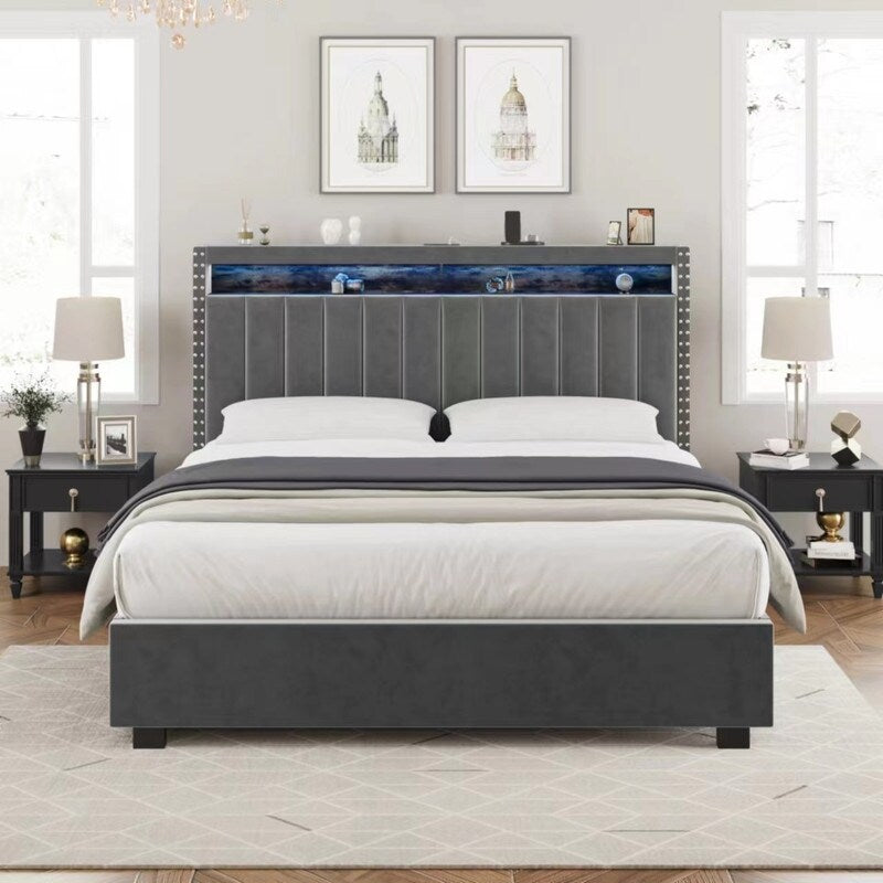 Velvet Luxury Gas Lift Storage Bed with Storage Headboard ,King Size