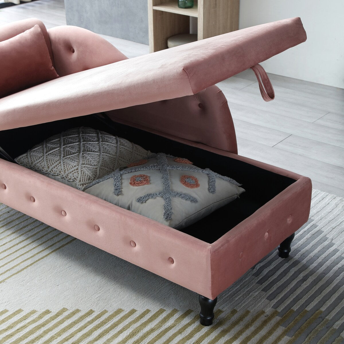 61" Velvet Multifunctional Storage Chaise Lounge Buttons Tufted Nailhead Trimmed Solid Wood Legs with 1 Pillow,Orange