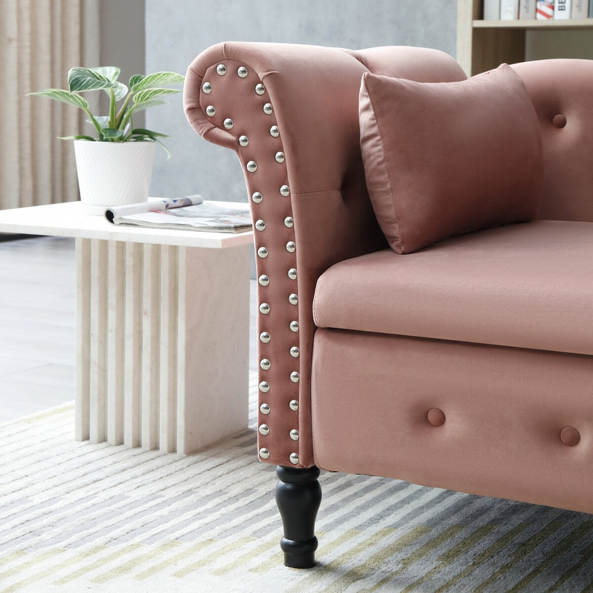 61" Velvet Multifunctional Storage Chaise Lounge Buttons Tufted Nailhead Trimmed Solid Wood Legs with 1 Pillow,Orange