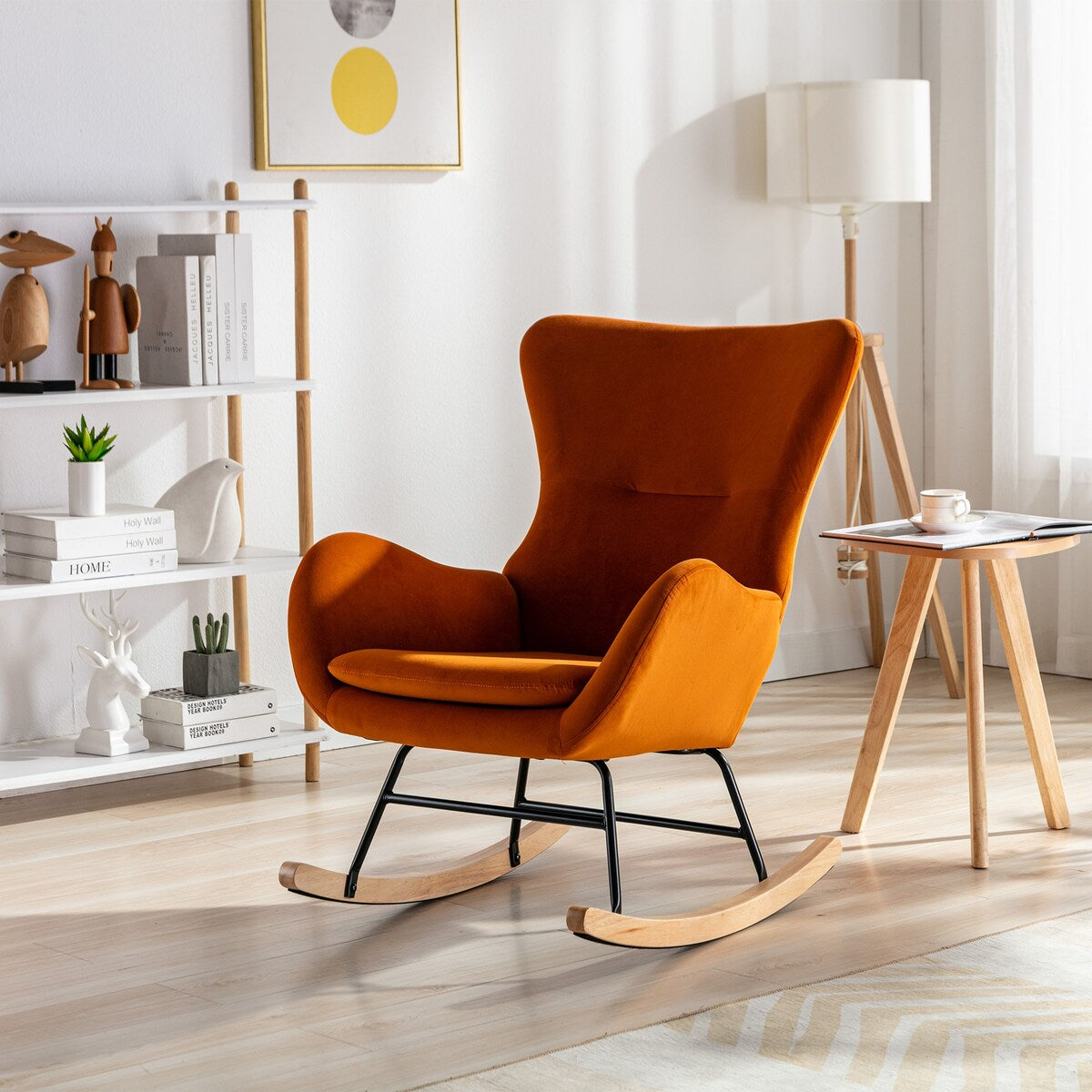 Velvet Padded Seat Rocking Chair with High Backrest and Armrests