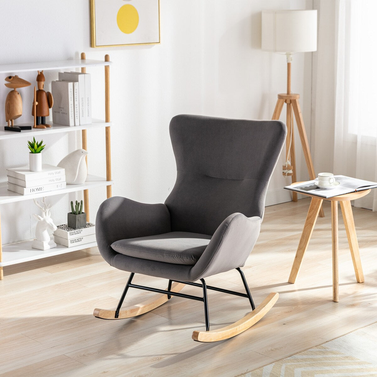 Velvet Padded Seat Rocking Chair with High Backrest and Armrests