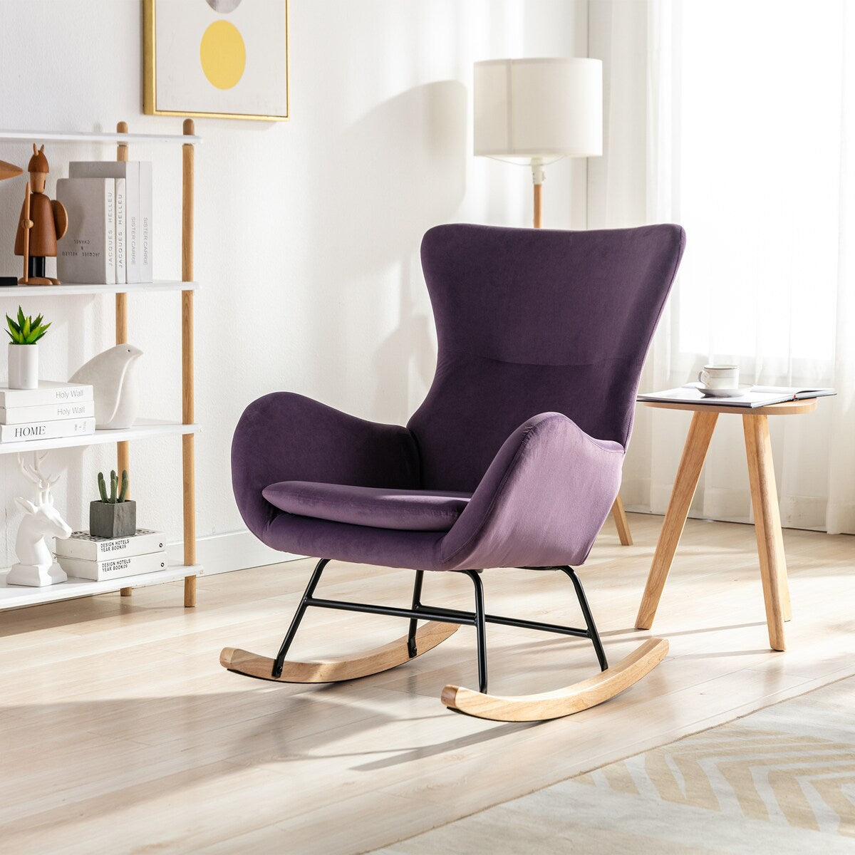 Velvet Padded Seat Rocking Chair with High Backrest and Armrests