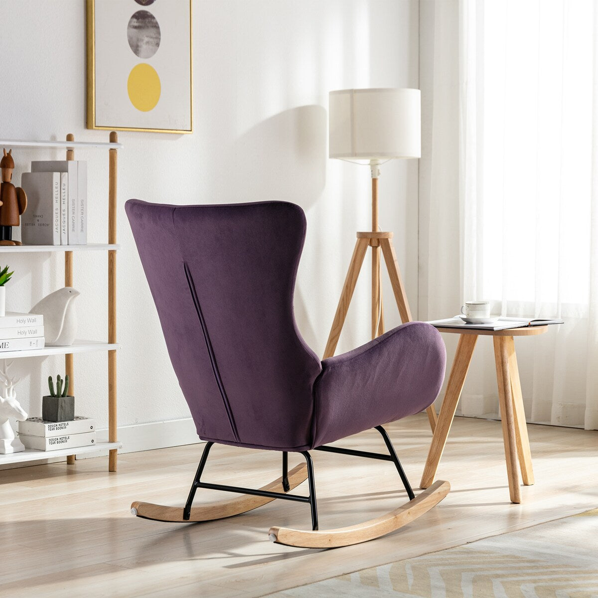 Velvet Padded Seat Rocking Chair with High Backrest and Armrests