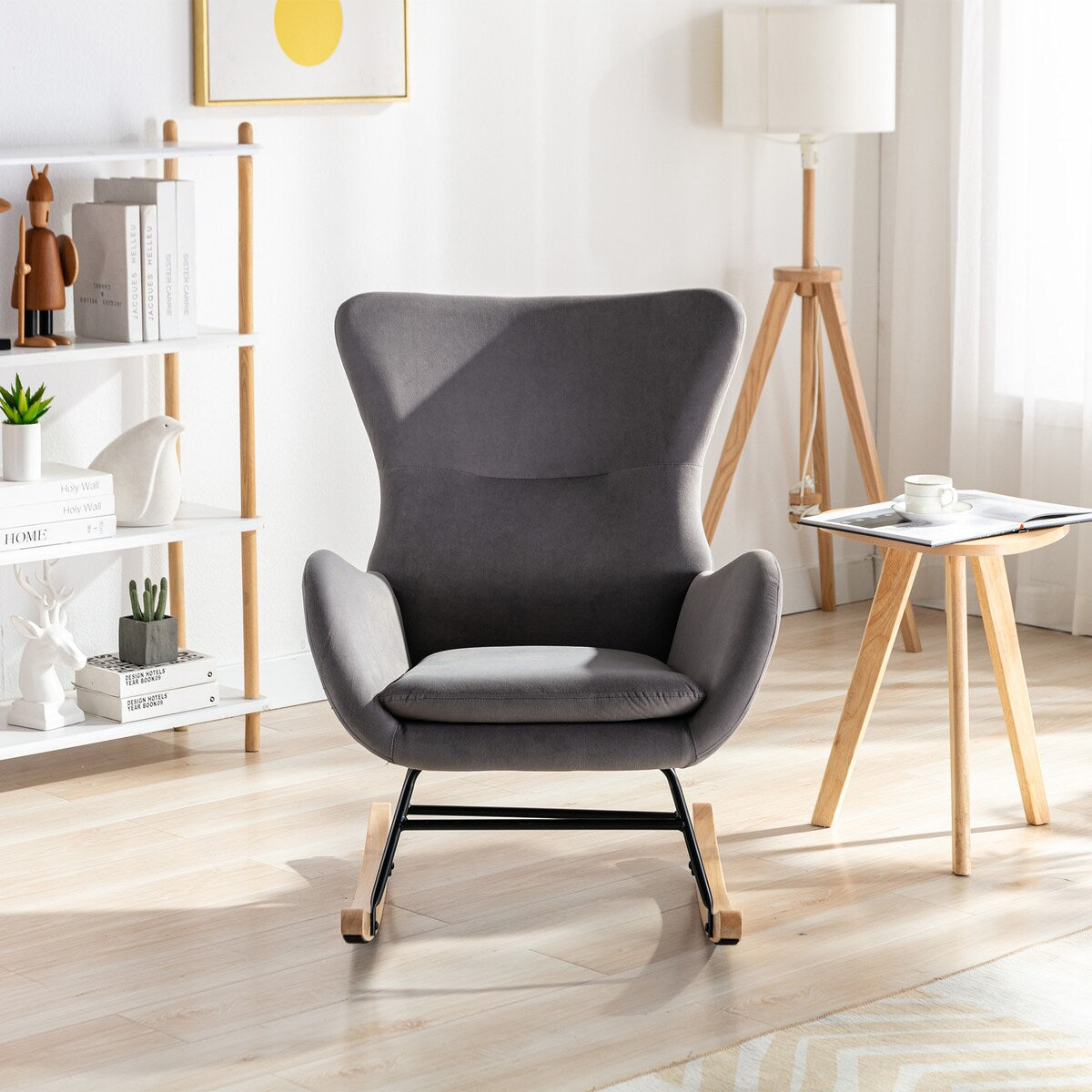 Velvet Padded Seat Rocking Chair with High Backrest and Armrests
