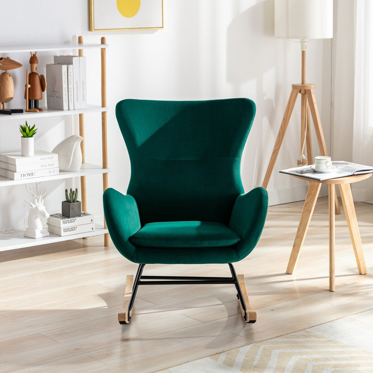 Velvet Padded Seat Rocking Chair with High Backrest and Armrests