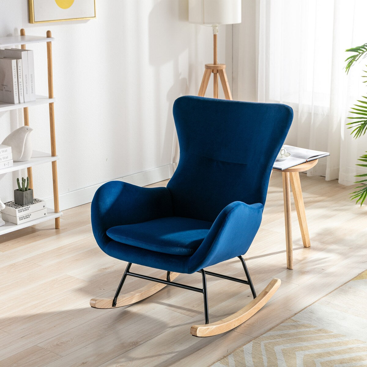 Velvet Padded Seat Rocking Chair with High Backrest and Armrests