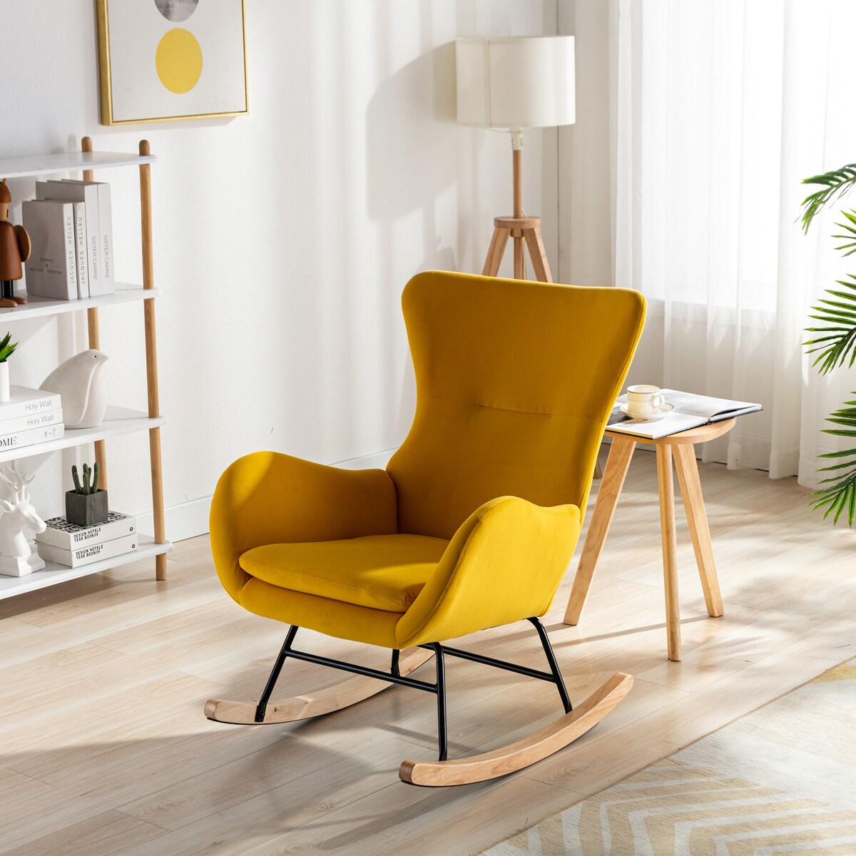 Velvet Padded Seat Rocking Chair with High Backrest and Armrests