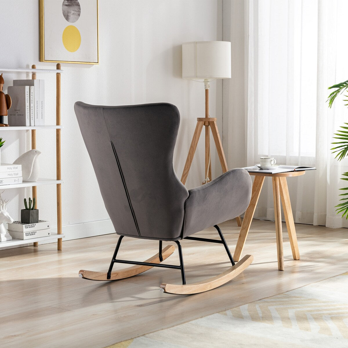 Velvet Padded Seat Rocking Chair with High Backrest and Armrests