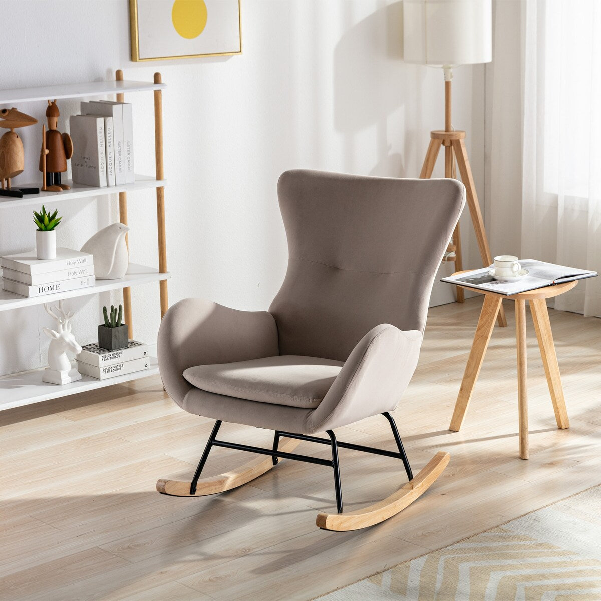 Velvet Padded Seat Rocking Chair with High Backrest and Armrests
