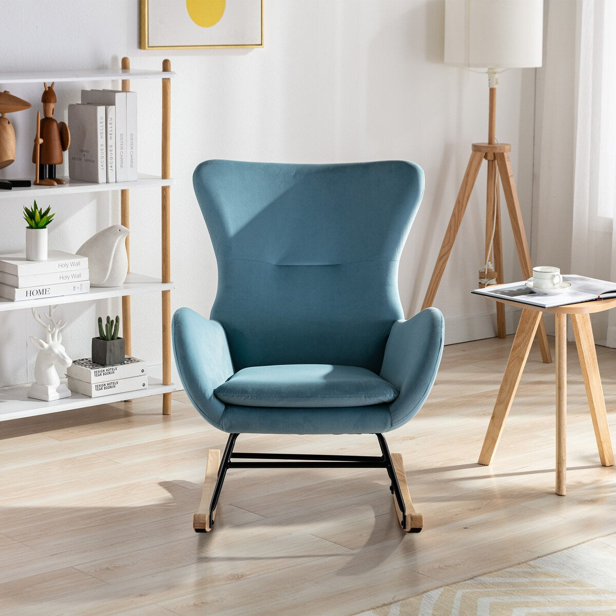 Velvet Padded Seat Rocking Chair with High Backrest and Armrests