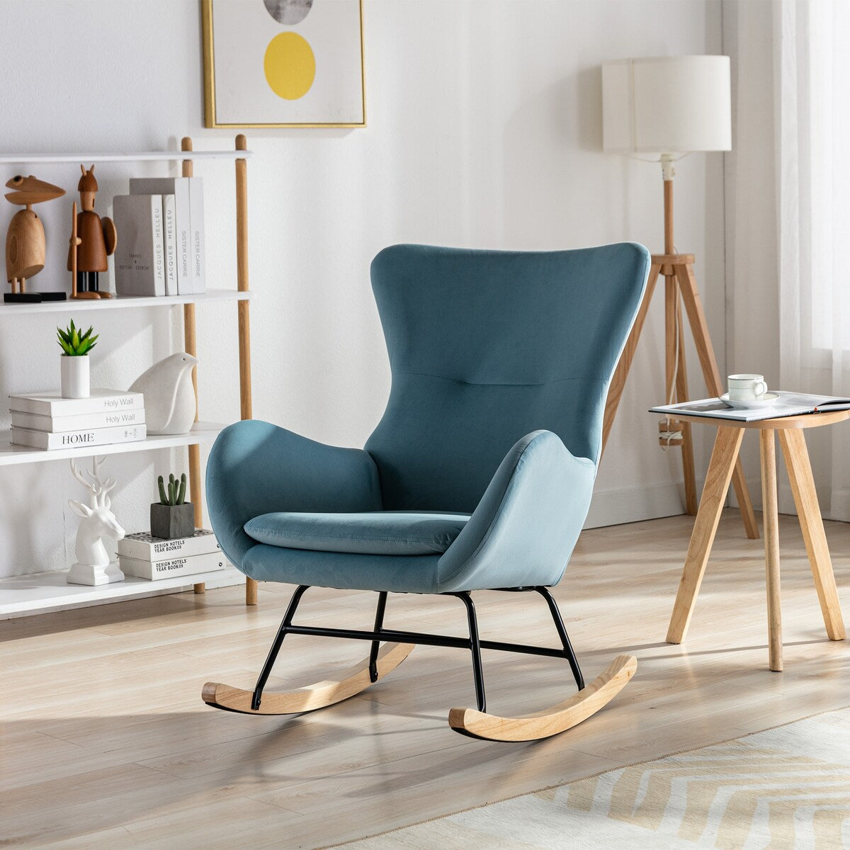 Velvet Padded Seat Rocking Chair with High Backrest and Armrests