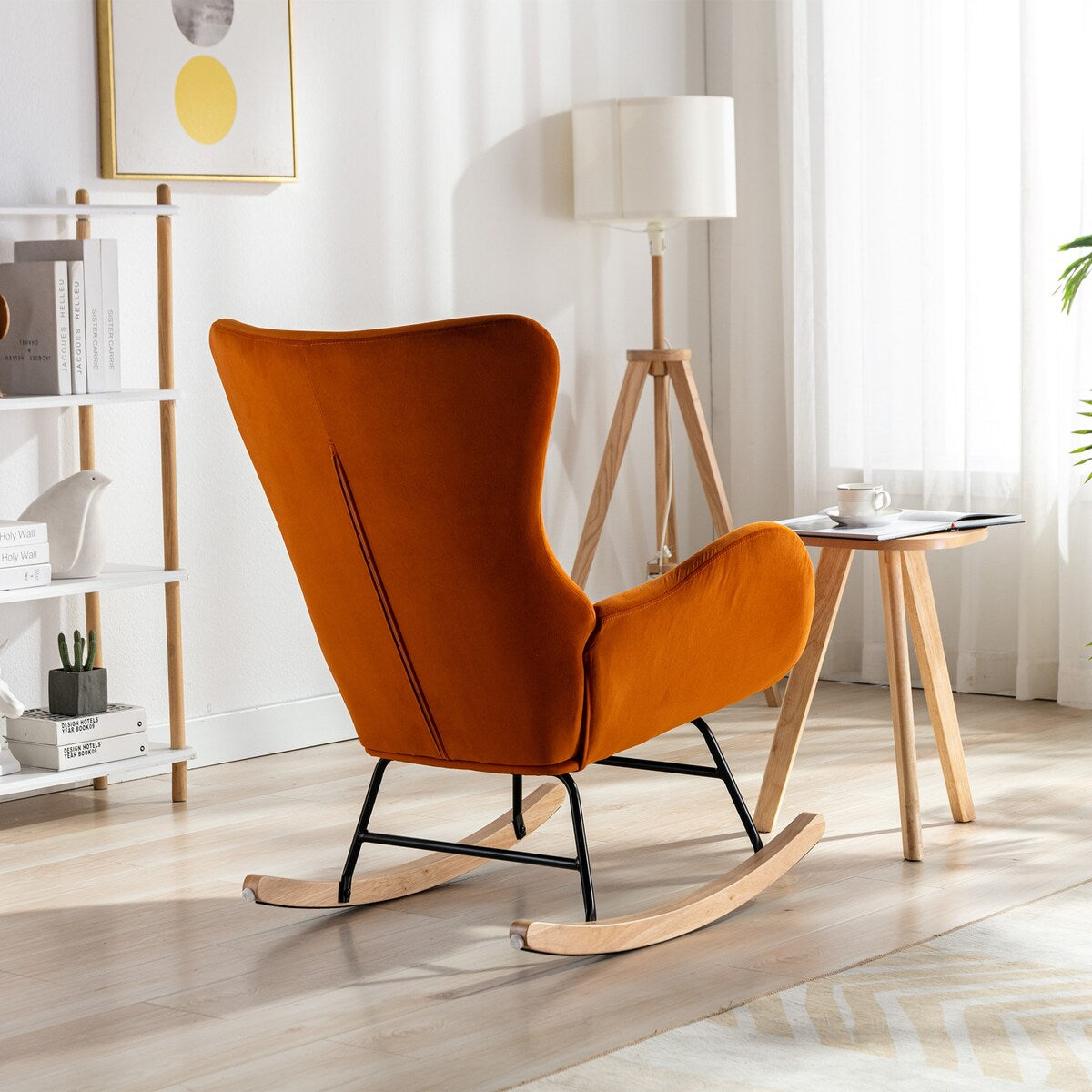 Velvet Padded Seat Rocking Chair with High Backrest and Armrests