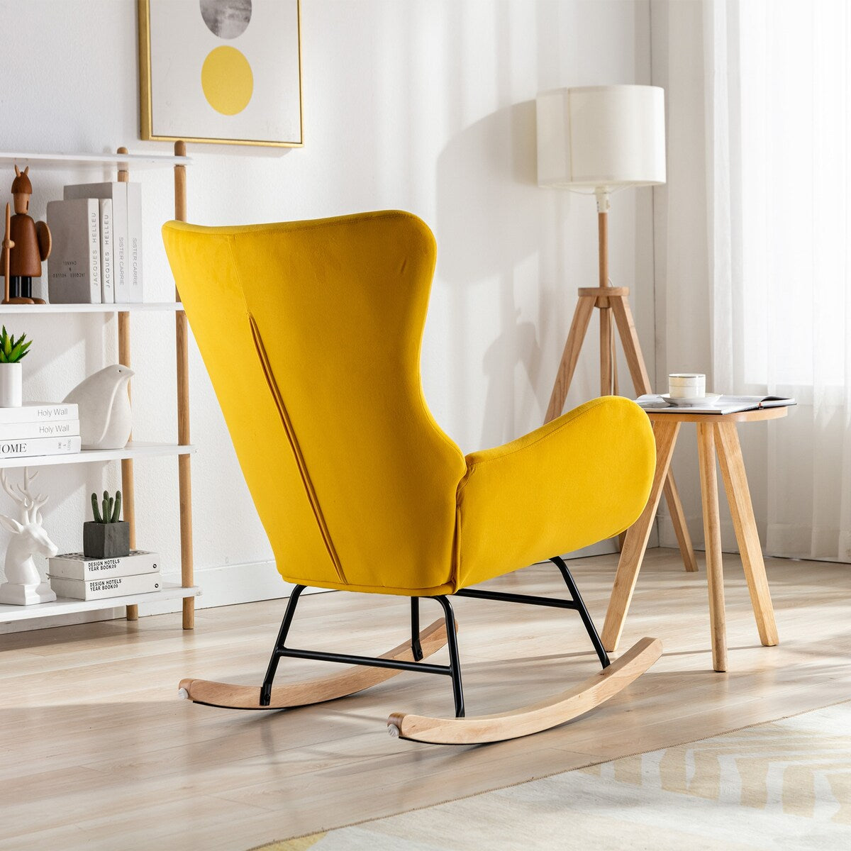 Velvet Padded Seat Rocking Chair with High Backrest and Armrests