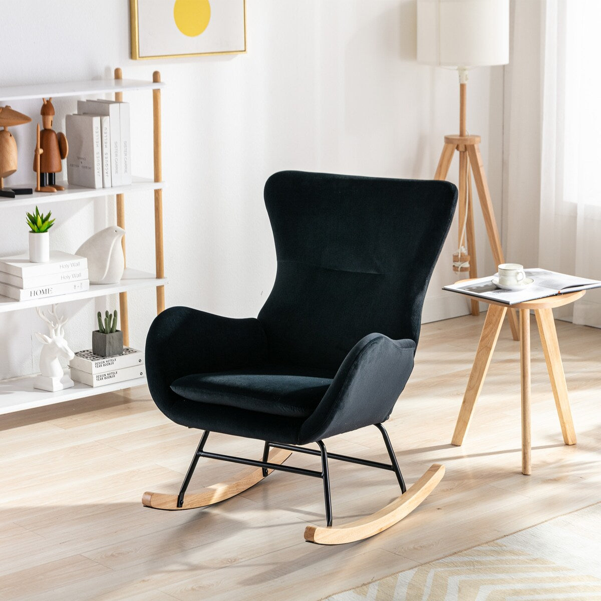 Velvet Padded Seat Rocking Chair with High Backrest and Armrests