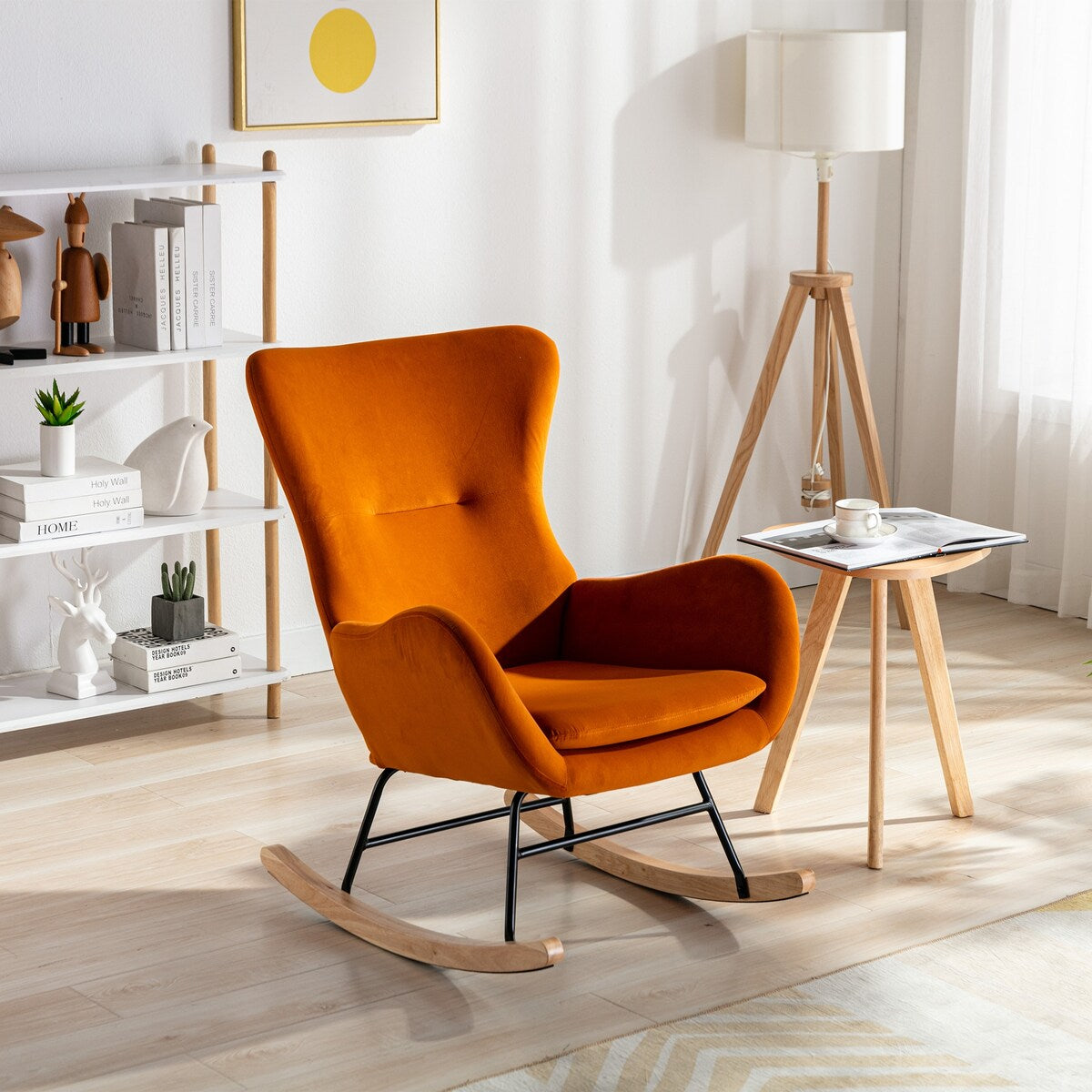Velvet Padded Seat Rocking Chair with High Backrest and Armrests